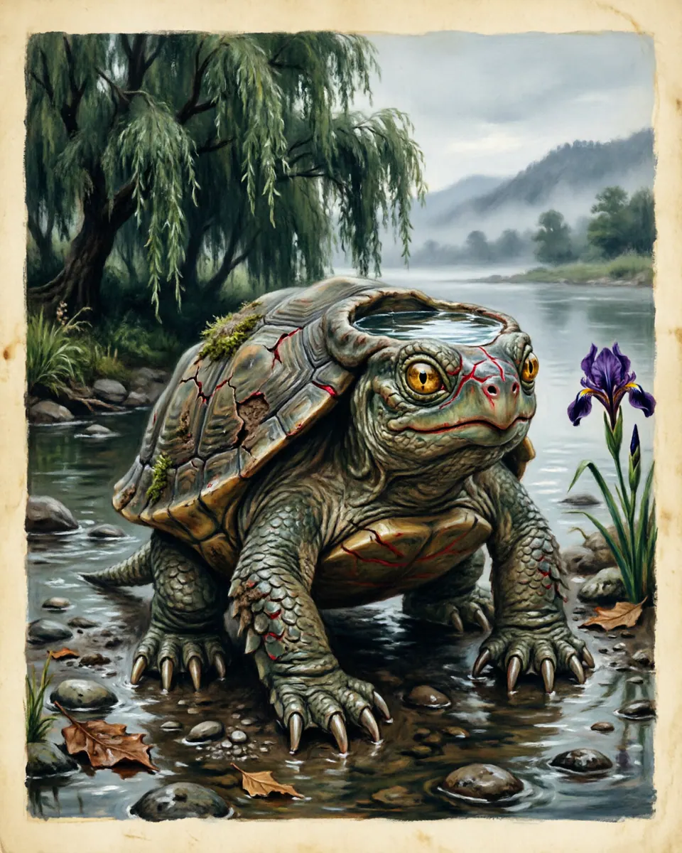 Illustration of Kappa, a lake & sea monsters figure from Japan Riverbanks, Japan, showing A child-sized turtle-like being with a beak, webbed limbs, a shell, and a water-filled dish on its head.
