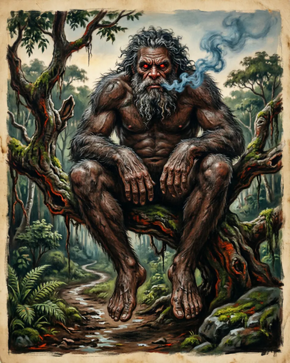 Illustration of Kapre, a fae & little folk figure from Philippines Balete Trees, Philippines, showing A hairy giant seated in branches, with glowing ember eyes, tobacco smoke, and legs dangling over the path.