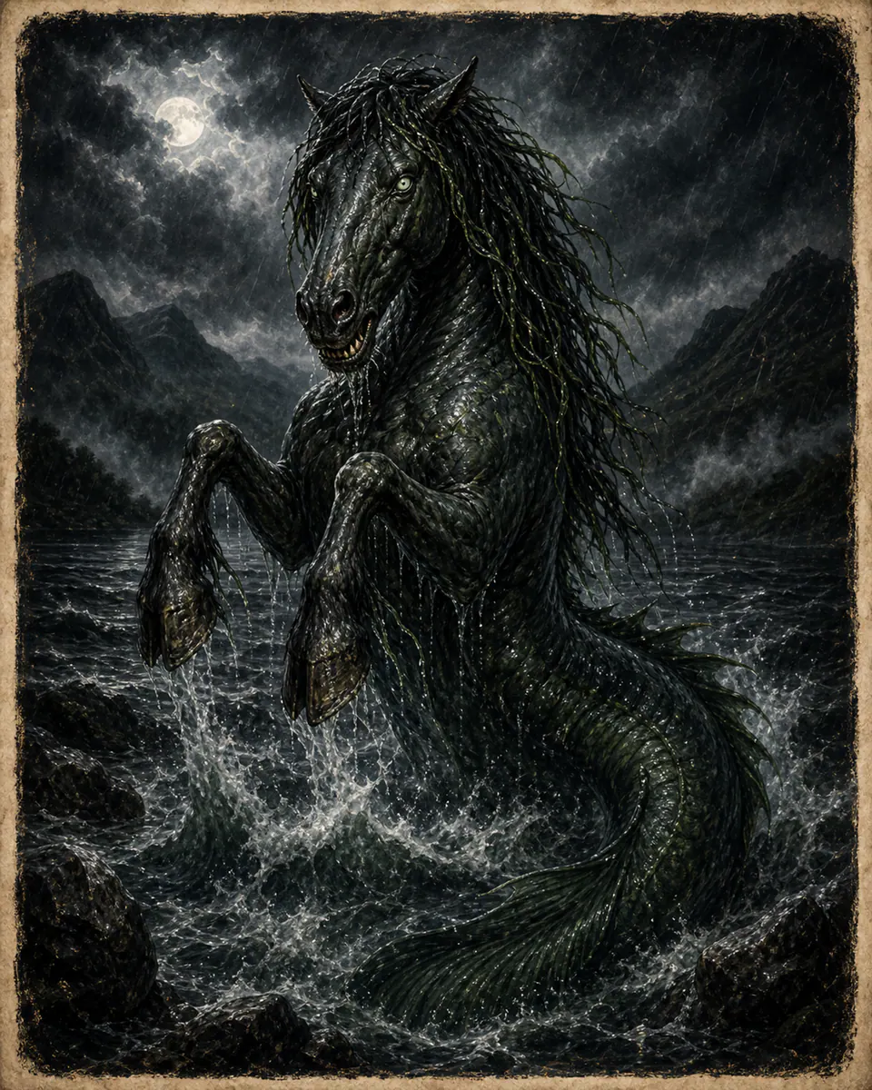 Illustration of Kelpie, a lake & sea monsters figure from Scottish Lochs and Burns, Scotland, showing A sleek black horse with wet mane and adhesive hide; in human form it may appear with dripping hair or hooves hidden beneath clothing.