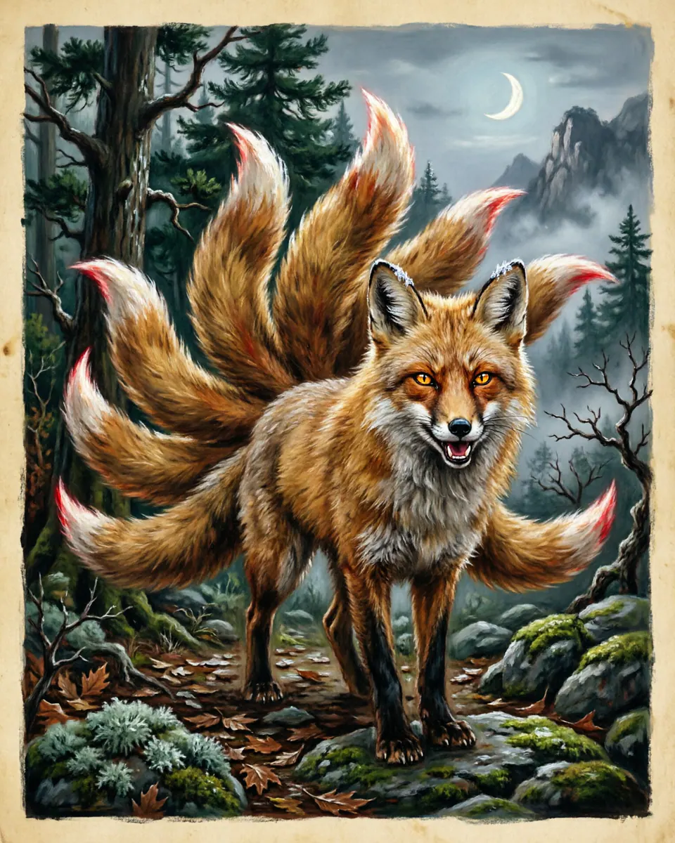 Illustration of Kitsune (Nine-Tailed Fox), a shapeshifters & lycanthropes figure from Mountain Forests, Japan, showing A beautiful, golden-furred fox that grows additional tails as it gathers wisdom.