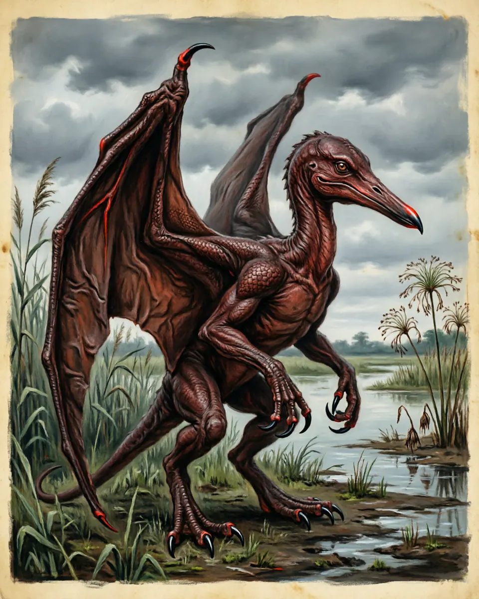 Illustration of Kongamato, a dragons & sea serpents figure from Zambezi Wetlands, Zambia / Angola, showing A reddish leathery-winged creature with a long beak, clawed feet, and a silhouette compared to a pterosaur.