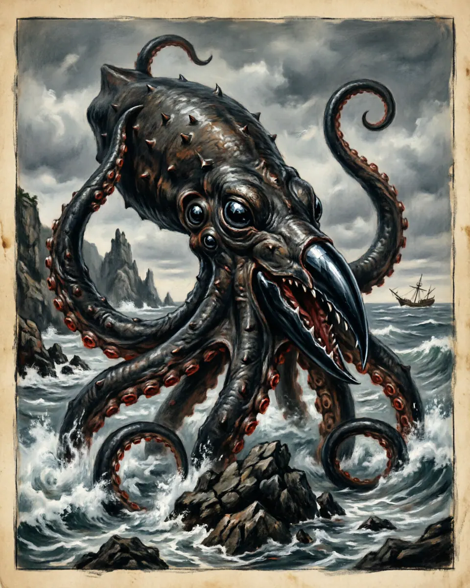 Illustration of The Kraken, a lake & sea monsters figure from Norwegian & Greenland Seas, Norway, showing A colossal cephalopod entity with immense spiked tentacles capable of crushing heavy galleons, black multi-faceted eyes, and a beak of hardened obsidian.