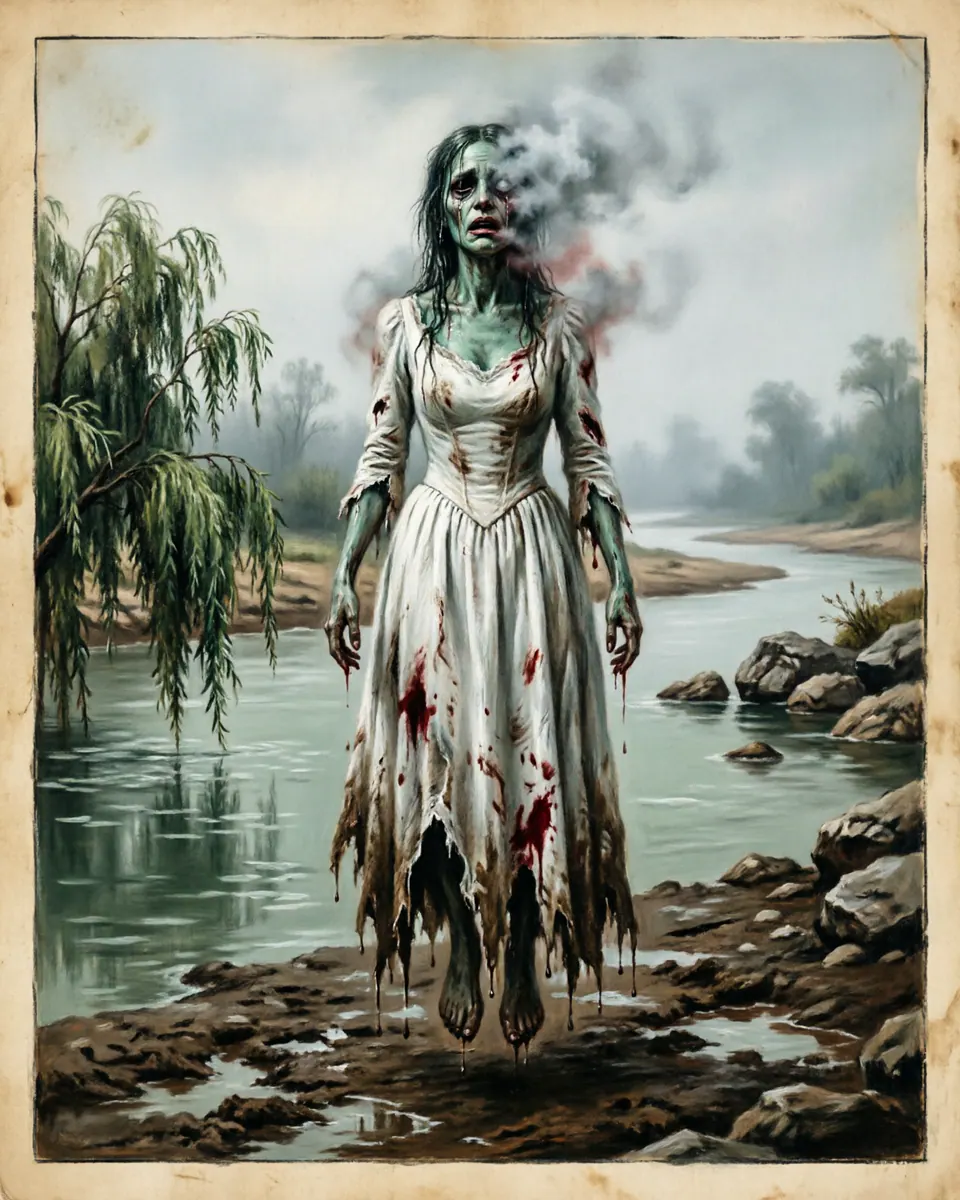 Illustration of La Llorona (Weeping Woman), a spirits, ghosts & demons figure from Rio Grande Riversides, Mexico, showing A wet, skeletal woman dressed in a stained white wedding gown, her face veiled in gray mist, hovering over muddy river banks.