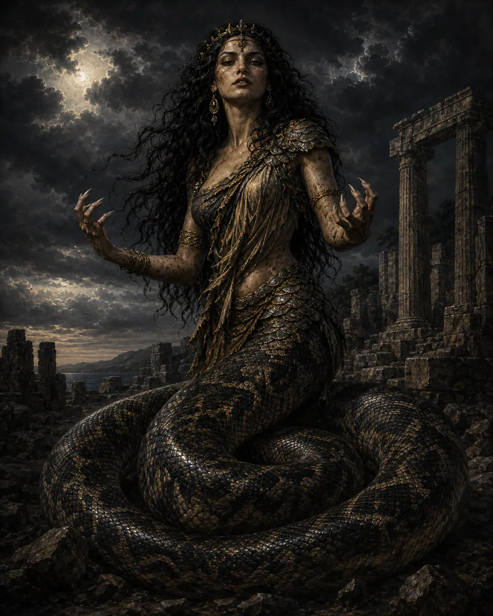 Illustration of Lamia, a vampires & blood-drinkers figure from Attica region, Greece, showing A gorgeous, dark-haired woman from the waist up, but possessing the scaly, coiled tail of a massive python below the pelvis.
