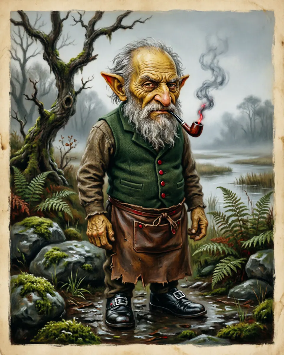 Illustration of Leprechaun, a fae & little folk figure from County Galway, Ireland, showing A miniature old gentleman wearing an emerald wool vest, silver-buckled shoes, and a leather apron, smoking a clay pipe.