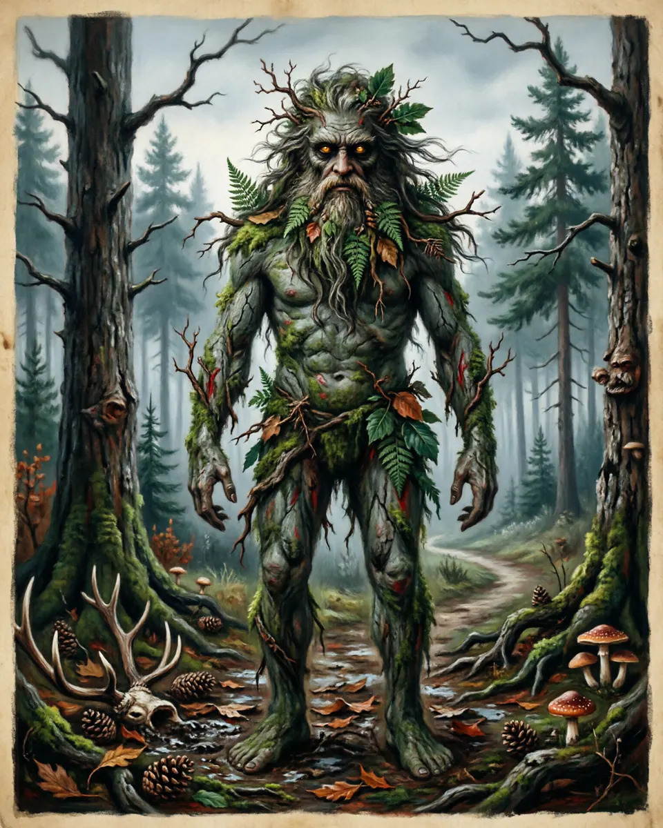 Illustration of Leshy, a fae & little folk figure from Russia Deep Forests, Russia, showing A tall mossy man with bark skin, leafy beard, changeable size, and eyes that know every path.