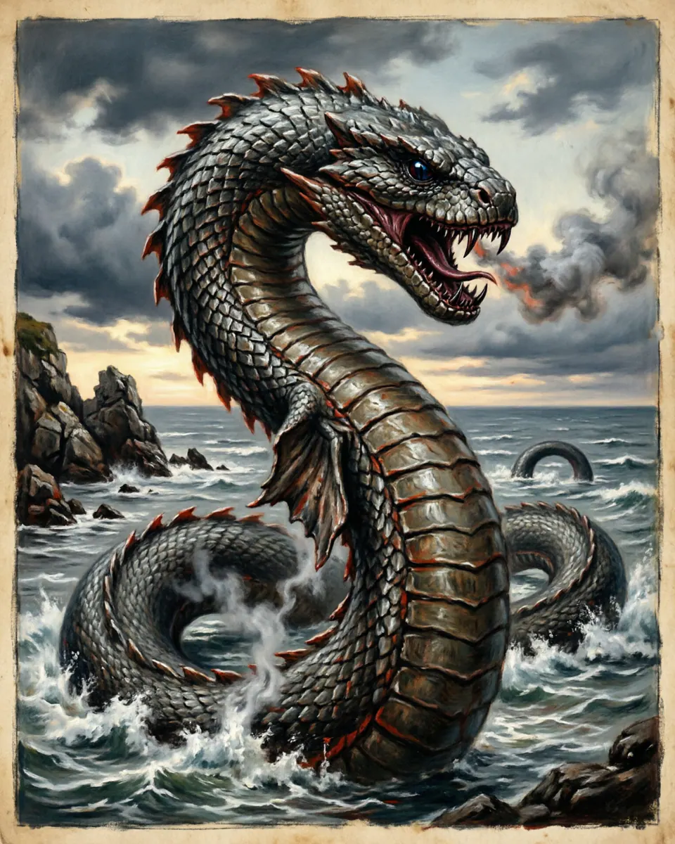 Illustration of Leviathan, a lake & sea monsters figure from Ancient Near Eastern Seas, Levant, showing A titanic armored serpent with smoking nostrils, interlocking scales, and a body that makes the sea boil.