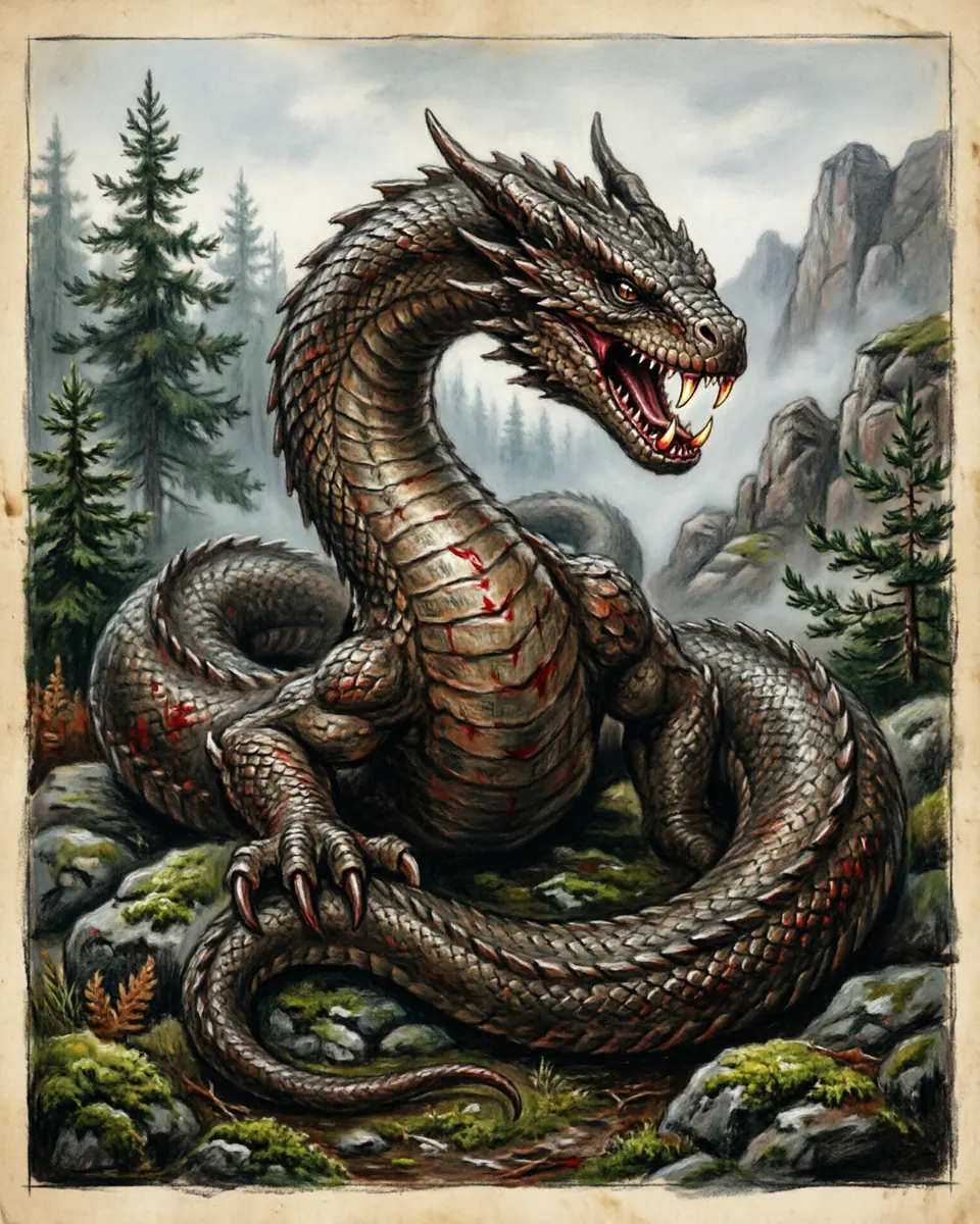 Illustration of Lindworm, a dragons & sea serpents figure from Scandinavia & Germany, Sweden / Germany, showing A massive, wingless scaly dragon with only two strong front claws, a heavy serpentine tail, and toxic fangs.