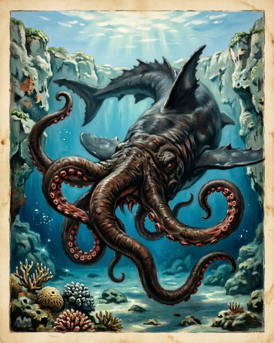 Illustration of Lusca, a lake & sea monsters figure from Bahamas Blue Holes, Bahamas, showing A massive tentacled shadow in clear tropical water, sometimes imagined with shark traits and sudden downward pull.