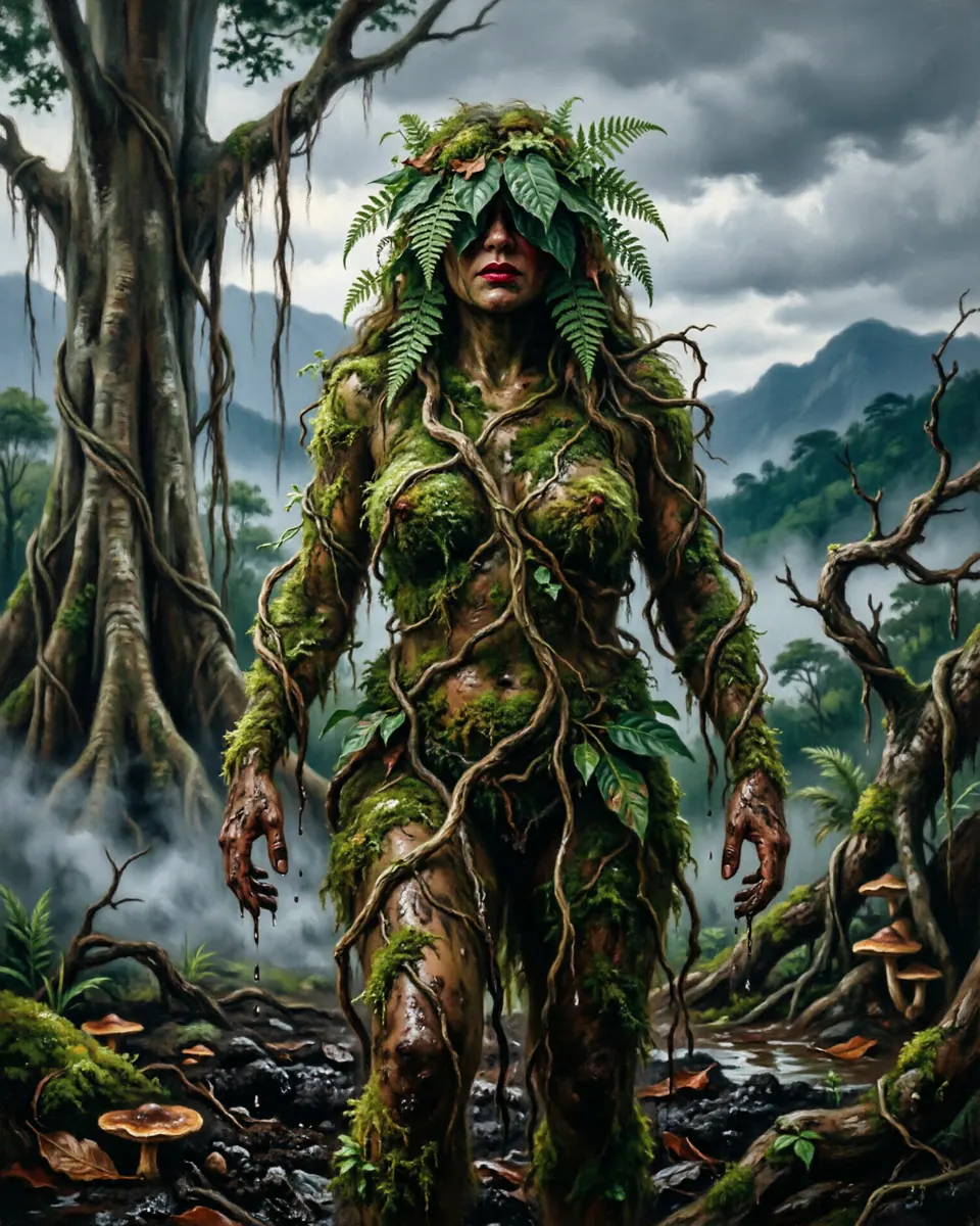 Illustration of Madremonte, a spirits, ghosts & demons figure from Antioquia Forests, Colombia, showing A giant woman covered in moss, leaves, and mud, with eyes hidden beneath vegetation and a voice like a storm over trees.