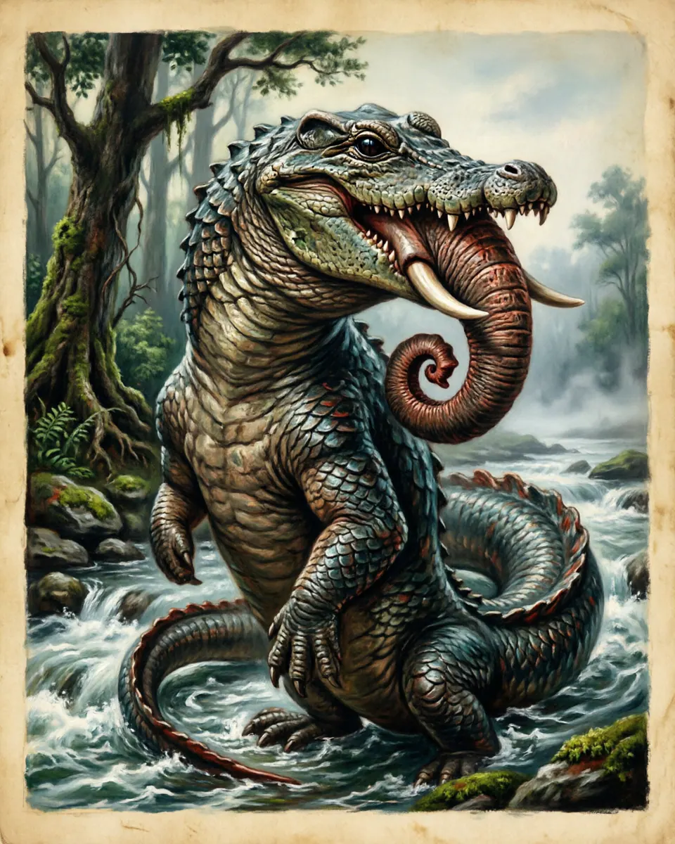 Illustration of Makara, a lake & sea monsters figure from India River Temples, India, showing A crocodile-fish-elephant hybrid with curling jaws, scaled flanks, and a tail shaped like river current.