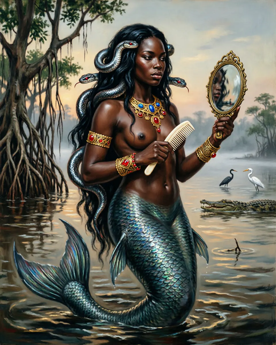 Illustration of Mami Wata, a lake & sea monsters figure from West and Central African Waters, Nigeria / Ghana, showing A radiant woman, often mermaid-like or serpent-associated, carrying mirror, comb, jewels, and river authority.