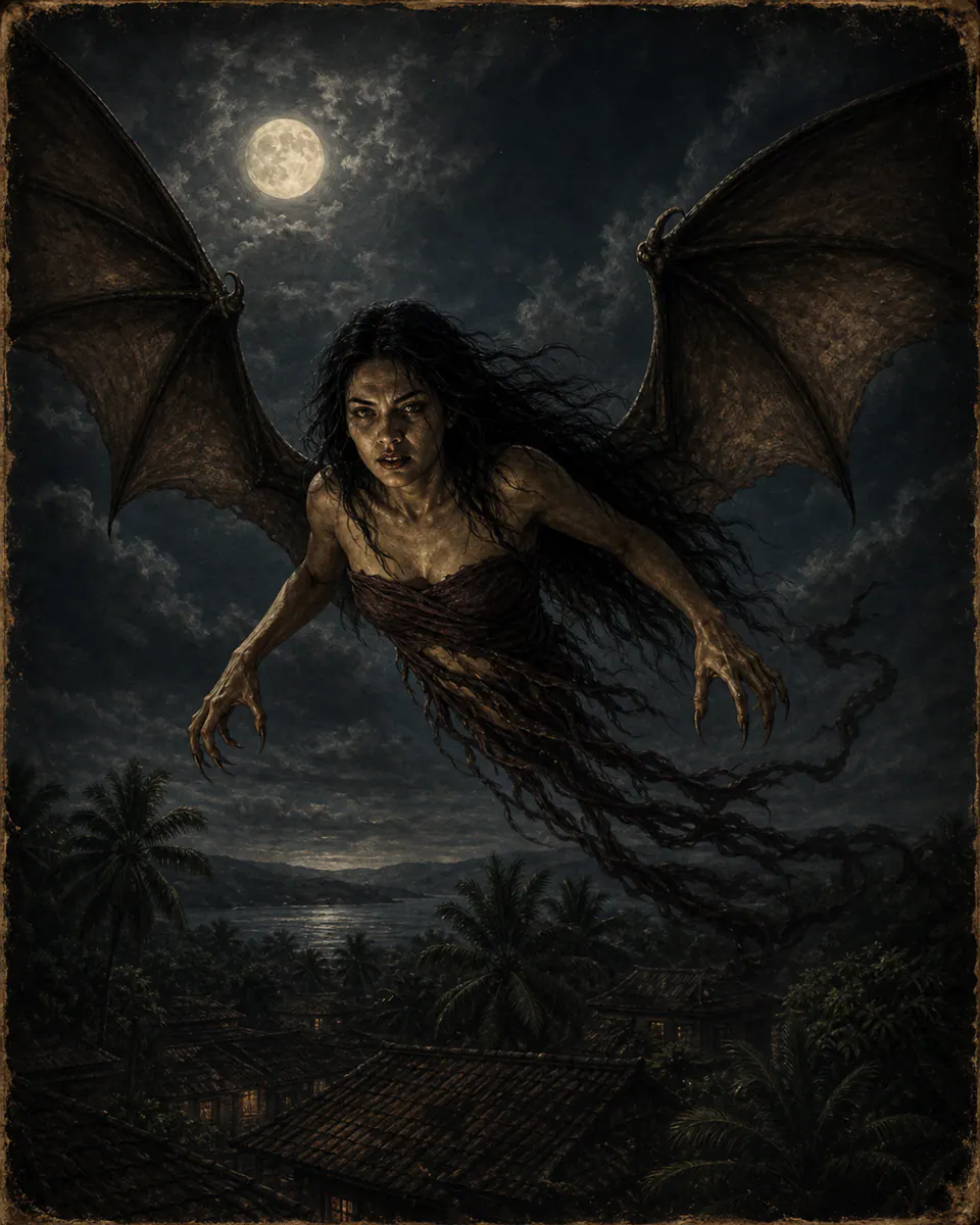 Illustration of Manananggal, a vampires & blood-drinkers figure from Visayas Islands, Philippines, showing An attractive woman who splits in two at the belly.