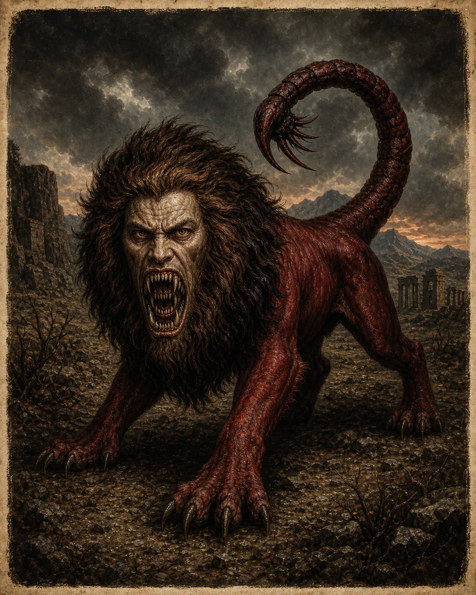 Illustration of Manticore, a dragons & sea serpents figure from Persian and Greek Bestiaries, Iran / Greece, showing A red lion with human face, triple rows of teeth, and a venomous tail ending in scorpion sting or darts.