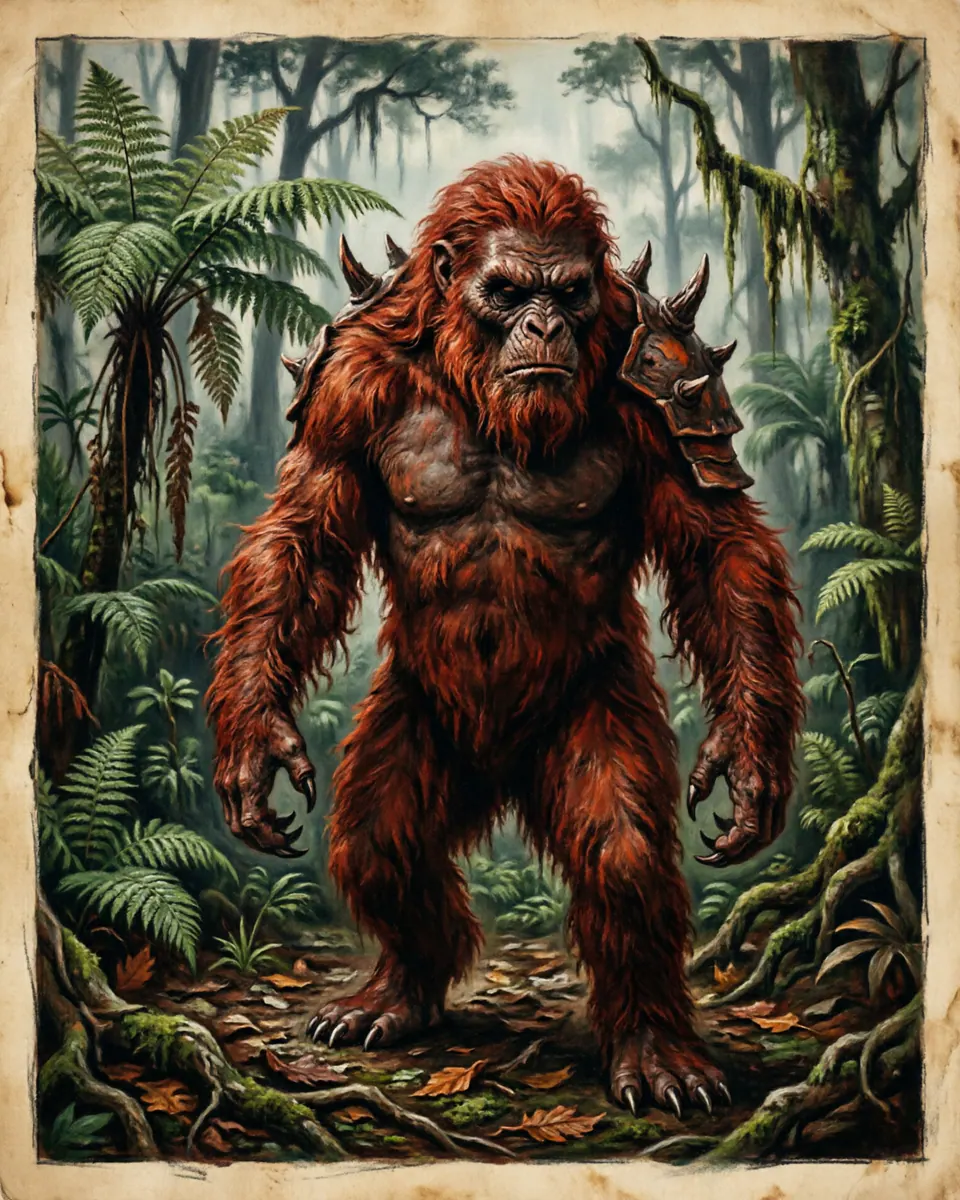 Illustration of Mapinguari, a humanoid cryptids figure from Amazon Rain Forest, Brazil / Peru, showing A colossal, upright beast with long matted red fur, clawed hands pointing inward, and a hard, armored carapace on its back.