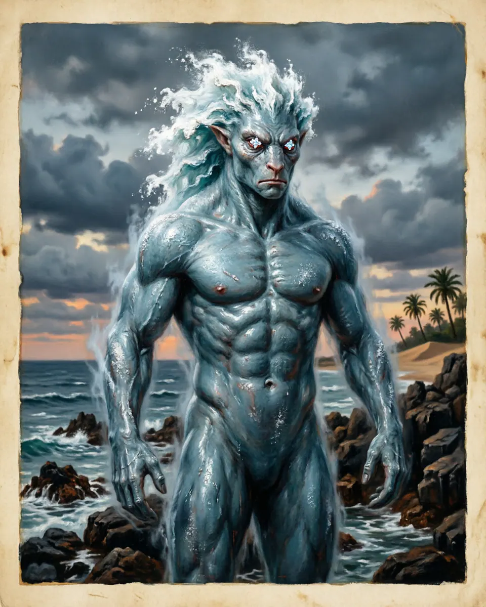 Illustration of Marid, a spirits, ghosts & demons figure from Red Sea and Gulf Traditions, Arabia, showing A massive blue-gray spirit rising like a waterspout, crowned with foam and salt-lit eyes.