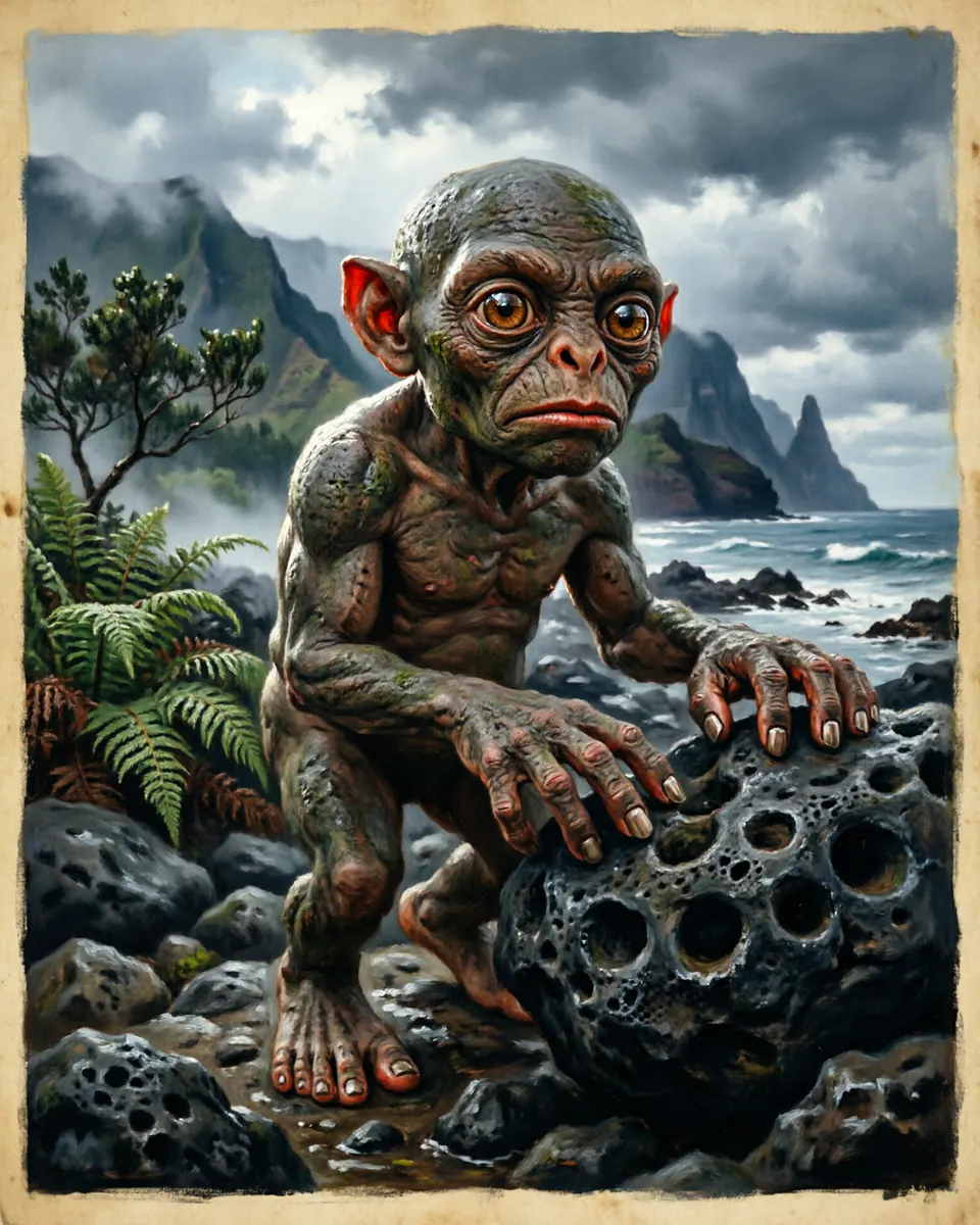 Illustration of Menehune, a fae & little folk figure from Kaua'i Coastline, USA (Hawaii), showing A small, muscular humanoid standing around 2 feet tall, with rugged skin, large brown eyes, and incredibly skilled fingers for rock architecture.