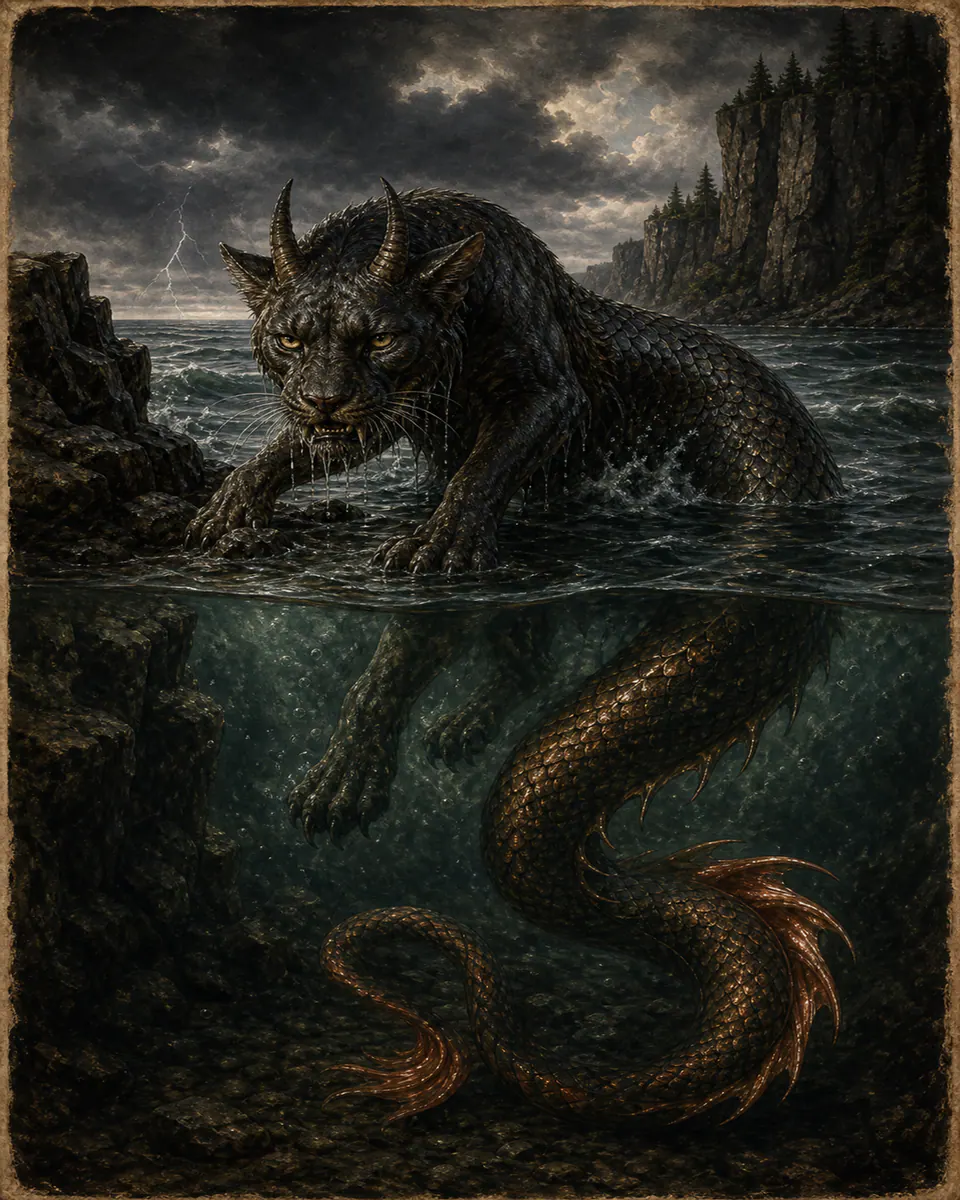Illustration of Mishipeshu, a lake & sea monsters figure from Great Lakes Copper Shores, Canada / United States, showing A horned feline-serpent with scales, copper tail, and a body moving below cliff water like a storm shadow.
