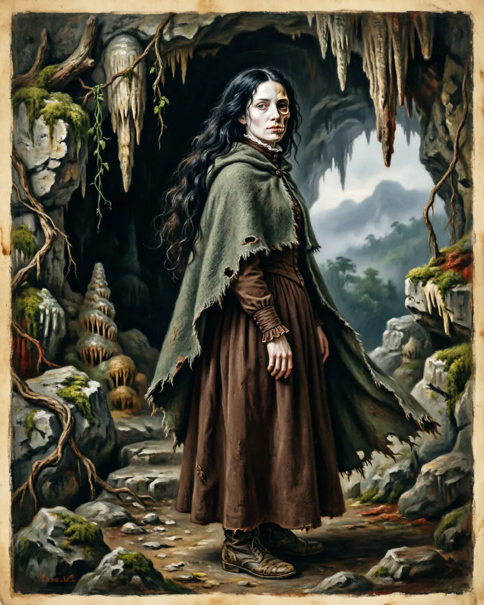 Illustration of La Mocuana, a spirits, ghosts & demons figure from Sébaco Caves, Nicaragua, showing A pale woman with long hair near cave mouths, sometimes seen as beautiful until she turns and the face is empty or skull-like.