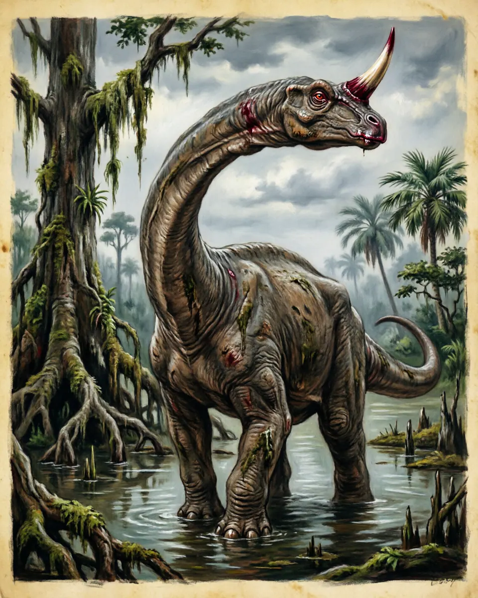 Illustration of Mokele-mbembe, a lake & sea monsters figure from Likouala Swamps, Republic of the Congo, showing An animal resembling a sauropod dinosaur, with a long flexible neck, a single ivory tusk or horn, a heavy tail, and elephantine legs.