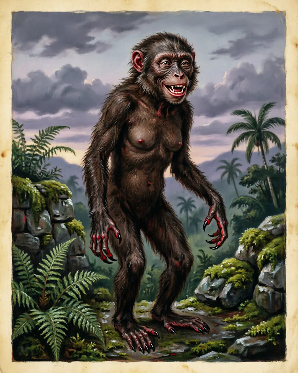 Illustration of La Mona, a shapeshifters & lycanthropes figure from Central Valley Rooftops, Costa Rica, showing A dark, long-limbed monkey-woman with human intelligence, clawed hands, and a shriek that sounds too much like laughter.