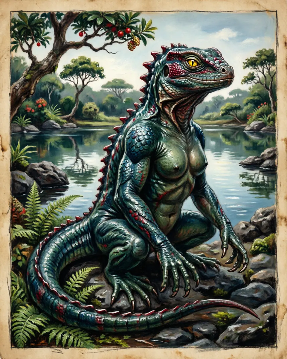 Illustration of Mo'o, a dragons & sea serpents figure from Hawaiian Islands Fishponds, United States / Hawaii, showing A shining lizard-woman or enormous water lizard with wet scales, hypnotic beauty, and authority over pools.
