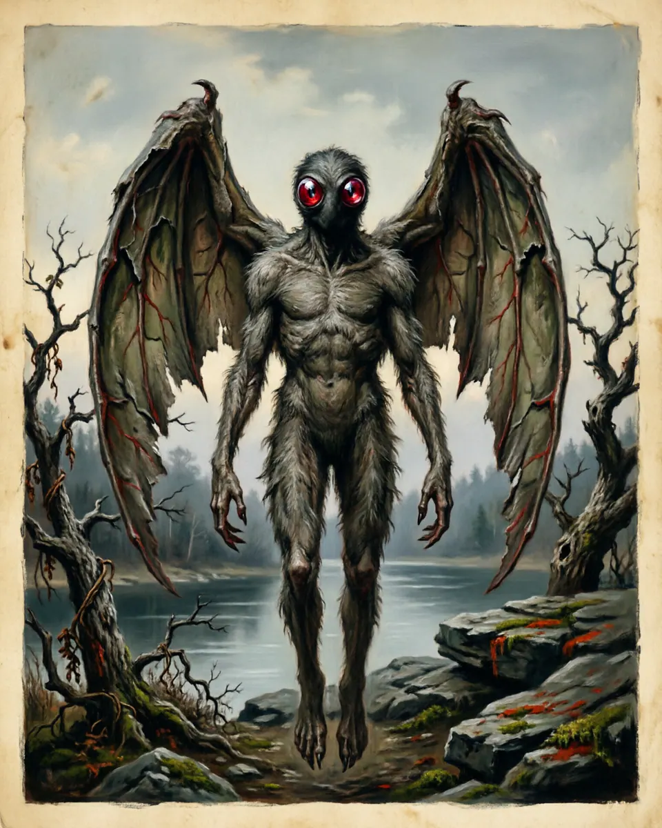 Illustration of Mothman, a humanoid cryptids figure from Point Pleasant, United States, showing A tall winged humanoid with enormous red reflective eyes, little visible head, and silent gliding movement.