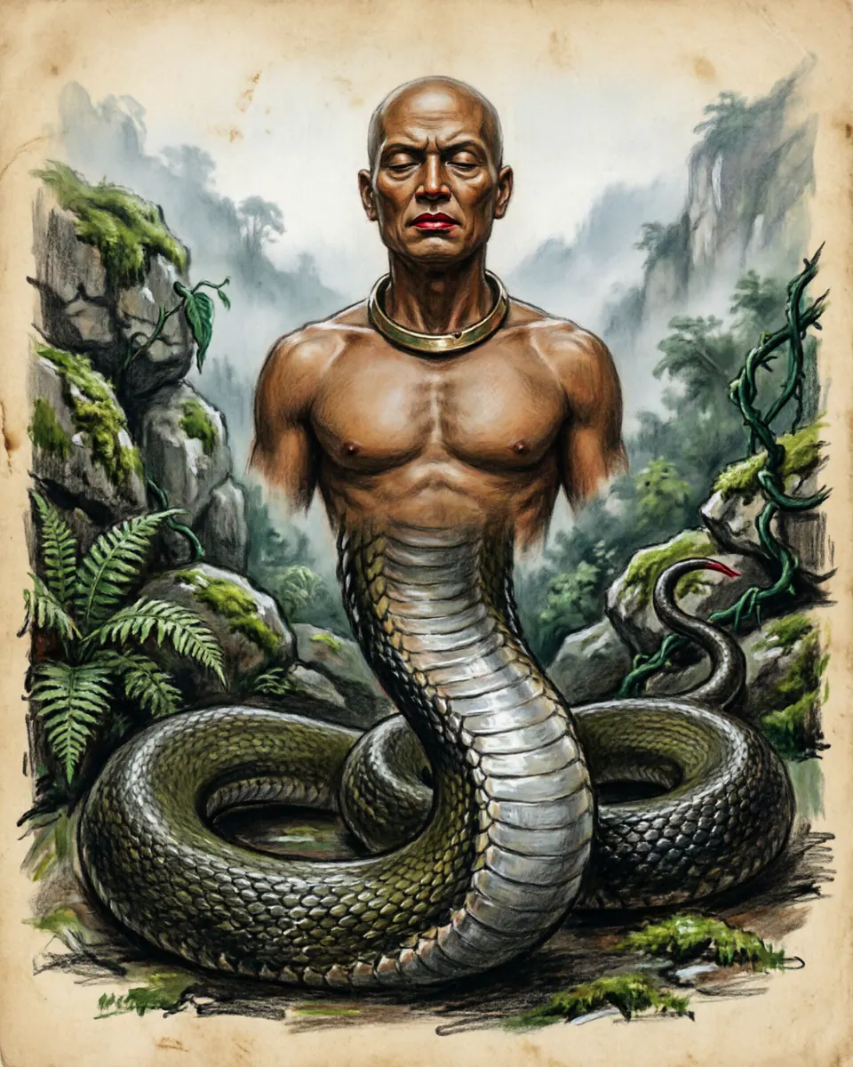Illustration of Naga, a dragons & sea serpents figure from Ganges Basin, India / Nepal, showing A magnificent human torso from the head to the chest, merging seamlessly with the long scaly lower coils of a king cobra.