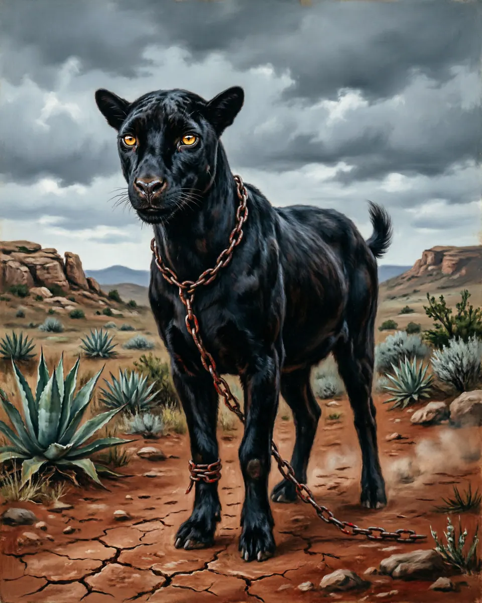 Illustration of Nagual, a shapeshifters & lycanthropes figure from Oaxaca Highlands, Mexico, showing A sleek black jaguar or massive mountain goat, possessing intelligent human eyes and carrying iron chains that rattle across dirt roads.