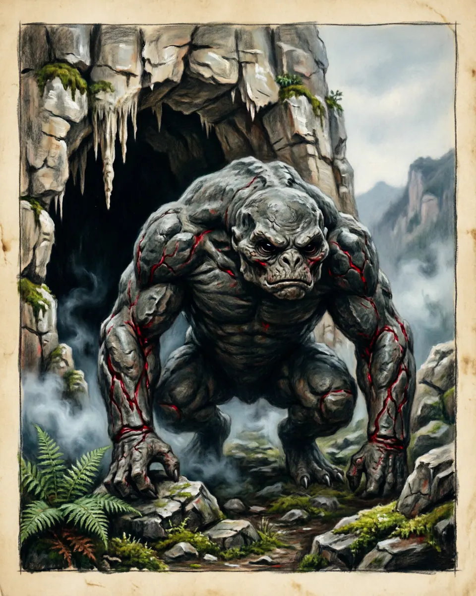 Illustration of Nargun, a spirits, ghosts & demons figure from Gippsland Stone Caves, Australia, showing A living stone shape with cave-dark eyes, heavy limbs, and a body that seems part boulder, part crouching spirit.