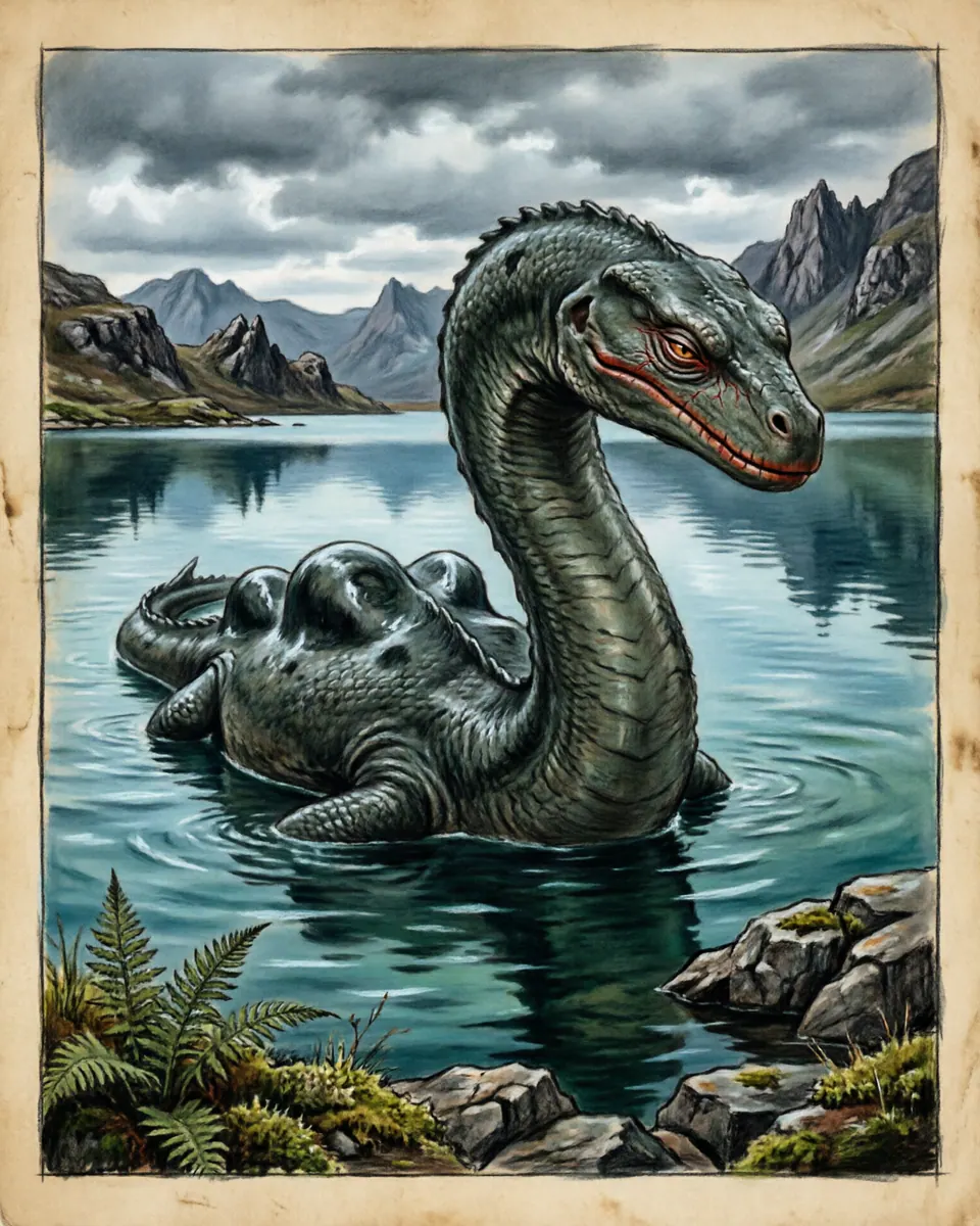 Illustration of Loch Ness Monster, a lake & sea monsters figure from Scottish Highlands, United Kingdom, showing A long-necked reptile-like giant, reminiscent of a pleisiosaur, with dark gray-green hide and one or more humps protruding from glacial waters.