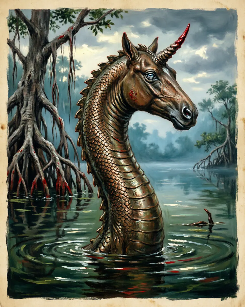 Illustration of Ninki Nanka, a dragons & sea serpents figure from Gambia River Swamps, Gambia, showing A long reptilian being with a horse-like or horned head, shining scales, and a body hidden by mangrove water.