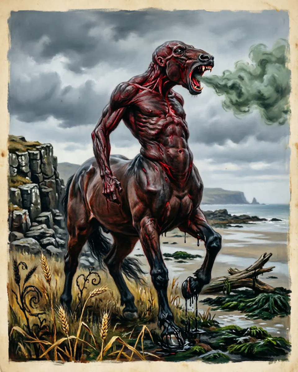 Illustration of Nuckelavee, a spirits, ghosts & demons figure from Orkney Sea Roads, Scotland, showing A fused horse and humanoid rider with no skin, black blood, exposed veins, and a breath that withers crops.