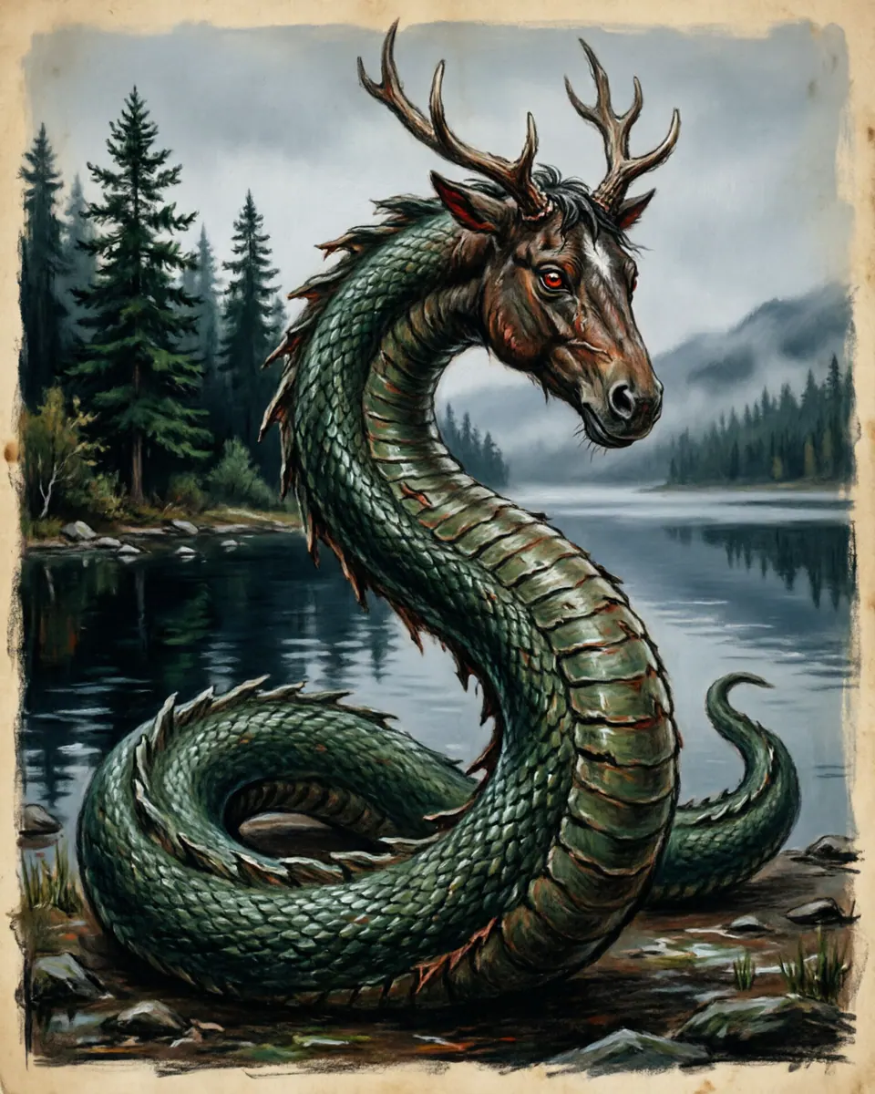 Illustration of Ogopogo, a lake & sea monsters figure from Okanagan Lake, BC, Canada, showing A thick, serpentine body with dark-green logs of hide, an undulating spine, and a head resembling a buck-horned horse or goat.