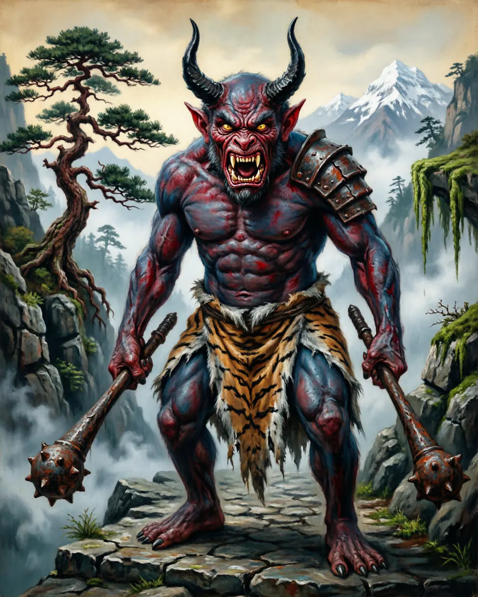 Illustration of Oni, a spirits, ghosts & demons figure from Japan Mountain Passes, Japan, showing A giant horned being with red or blue skin, tiger-skin garments, iron clubs, and a face built for rage.