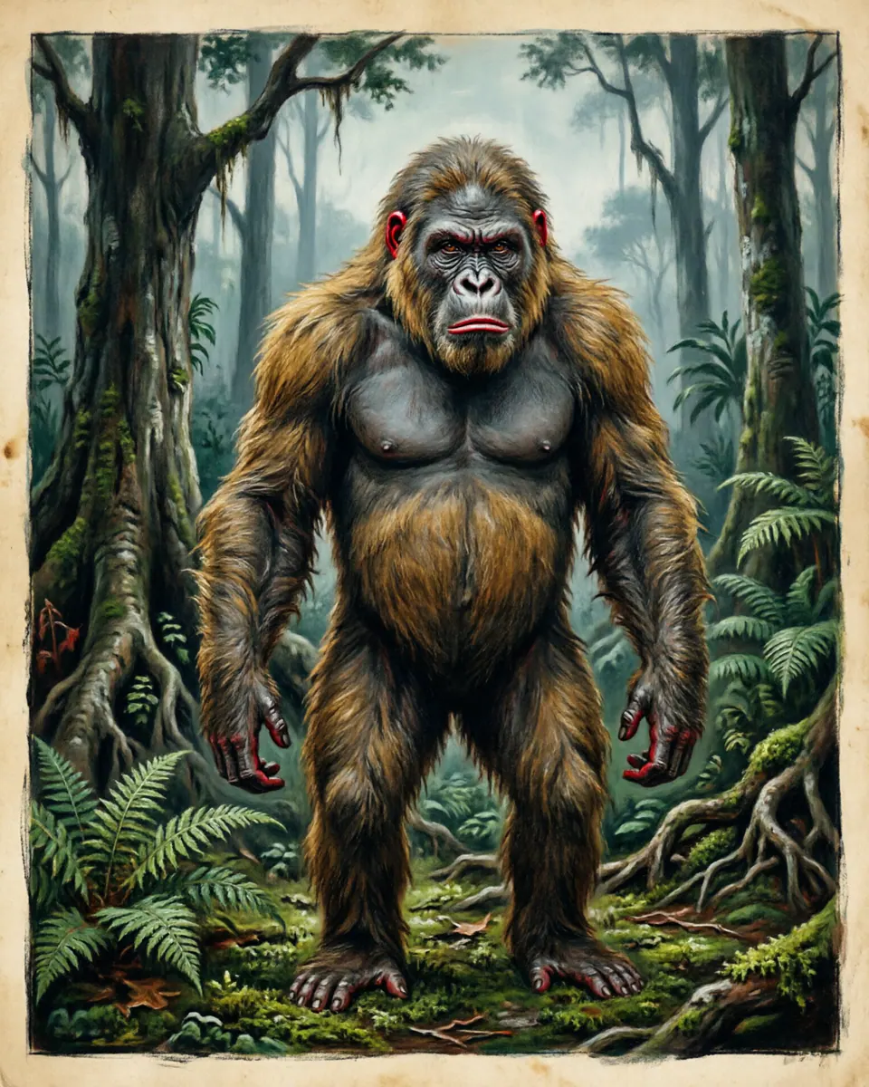 Illustration of Orang Pendek, a humanoid cryptids figure from Kerinci Seblat Parks, Indonesia, showing A small, muscular hominid standing 3 to 5 feet tall, covered in thick honey-gold or gray hair, with broad shoulders and an remarkably human-shaped face.