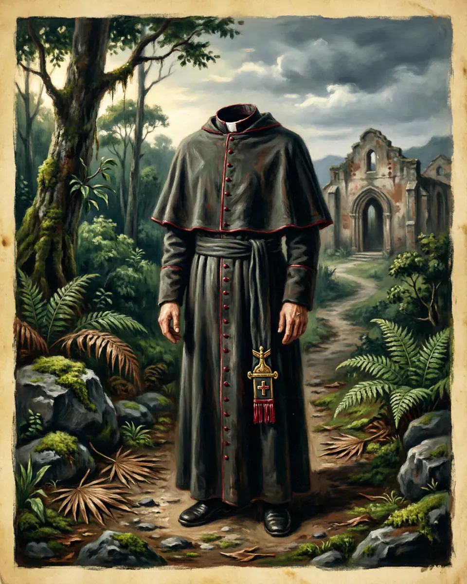 Illustration of El Padre sin Cabeza, a spirits, ghosts & demons figure from Cartago Church Roads, Costa Rica, showing A priest in dark vestments with no head above the collar, moving silently until the sound of prayer or bells reveals him.