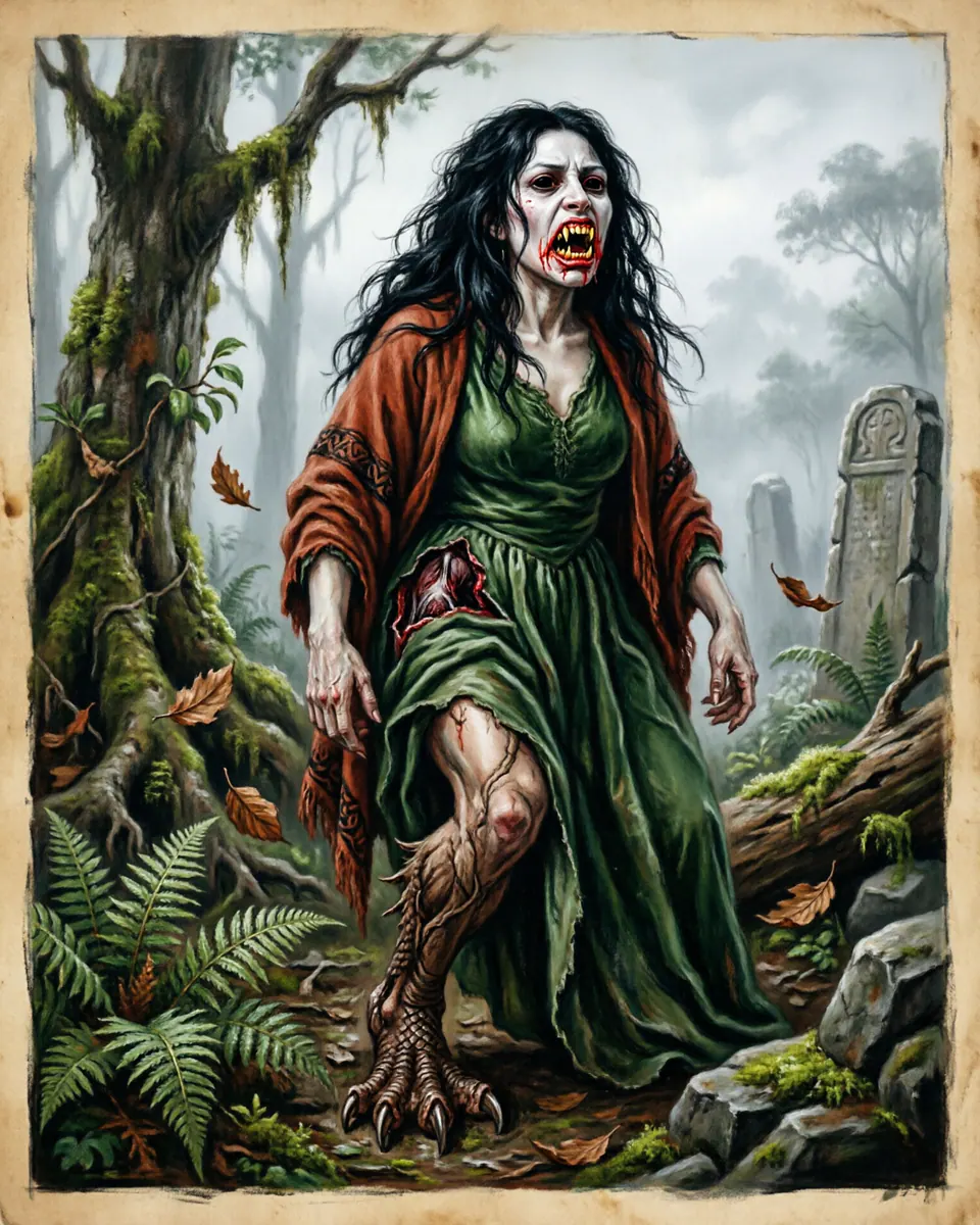 Illustration of La Patasola, a spirits, ghosts & demons figure from Andean Forests, Colombia, showing A beautiful woman at first glance, then a one-legged monster with wild hair, sharp teeth, and a scream that splits the forest.