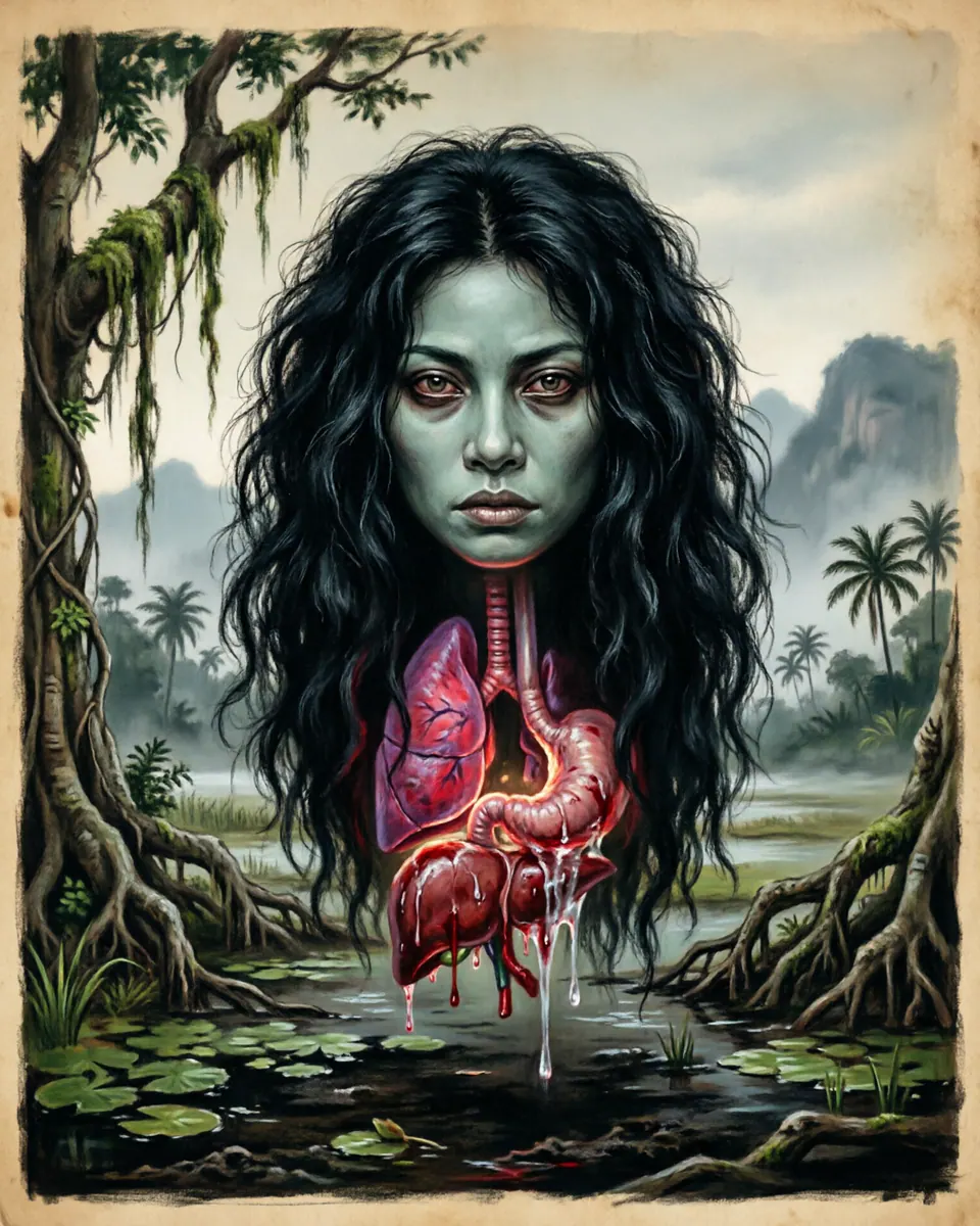 Illustration of Penanggalan, a vampires & blood-drinkers figure from Malayan Peninsula, Malaysia, showing A floating female head with long unkempt black hair, dragging a glowing bundle of lungs, stomach, and bloody liver beneath her chin.