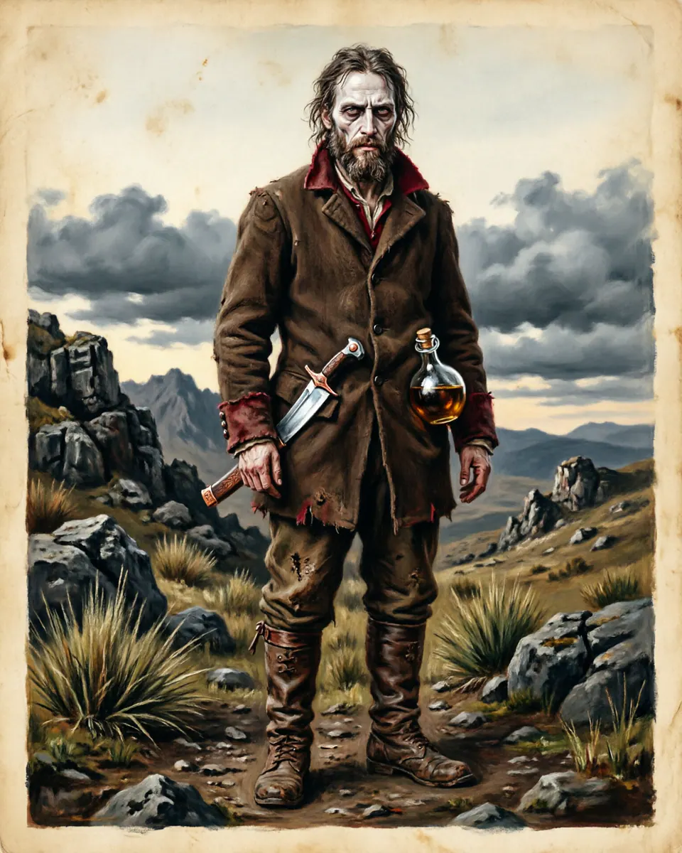 Illustration of Pishtaco, a vampires & blood-drinkers figure from Andean Highlands, Peru, showing A pale outsider or traveler with knives, bottles, or hidden tools, less monstrous in face than in the harvest he seeks.