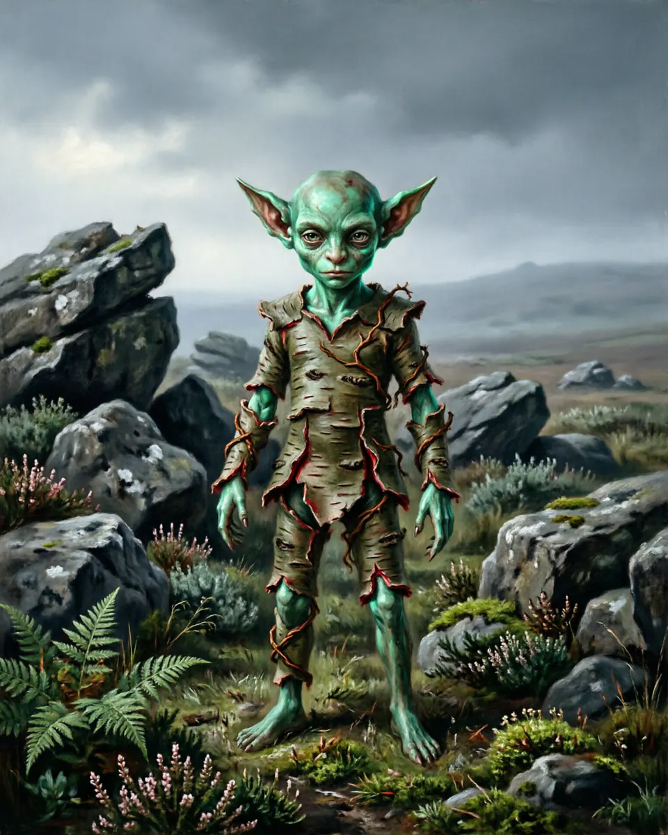 Illustration of Pixie, a fae & little folk figure from Dartmoor, Devon, United Kingdom, showing A tiny figure standing 6 inches tall with pointed ears, long angular limbs, green birch-bark outfits, and skin glowing like dim moss.