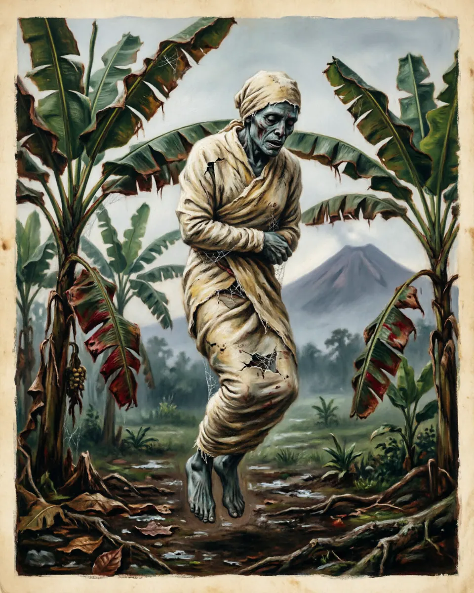 Illustration of Pocong (Shroud Ghost), a spirits, ghosts & demons figure from Java Highlands, Indonesia, showing A stiff corpse wrapped in white canvas sheets, looking dusty and decayed, hopping rapidly or floating silently across banana groves.