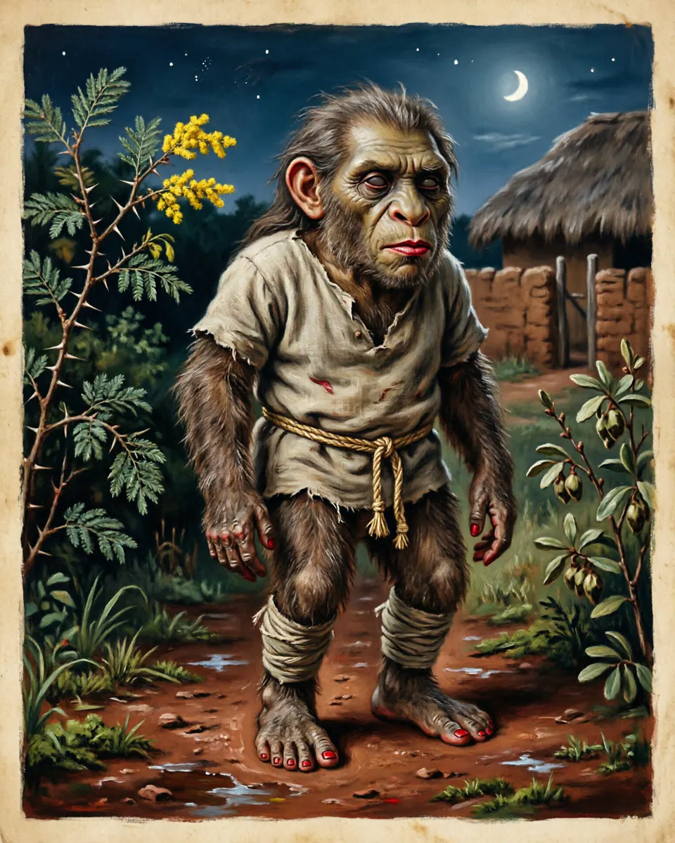 Illustration of Pombero, a fae & little folk figure from Guaraní Rural Paths, Paraguay, showing A short hairy man with wide feet, silent steps, and a whistle that carries through warm night air.