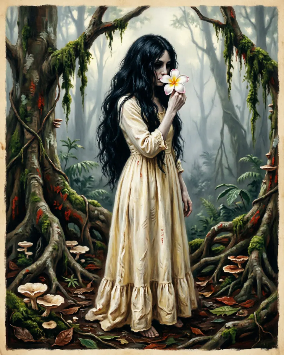 Illustration of Pontianak, a spirits, ghosts & demons figure from Sumatra & Malay Jungles, Indonesia / Malaysia, showing A beautiful pale woman with ankle-length black hair hiding her hollow eyes, dressed in white, smelling of sweet frangipani blossoms.
