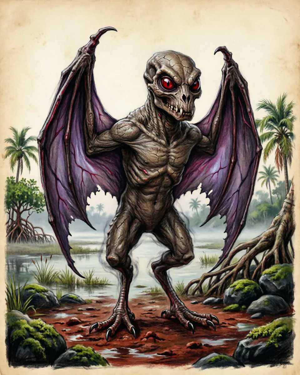 Illustration of Popobawa, a shapeshifters & lycanthropes figure from Zanzibar and Pemba, Tanzania, showing A one-eyed, bat-winged figure that may appear as a shadow, animal, or human before revealing violent supernatural force.