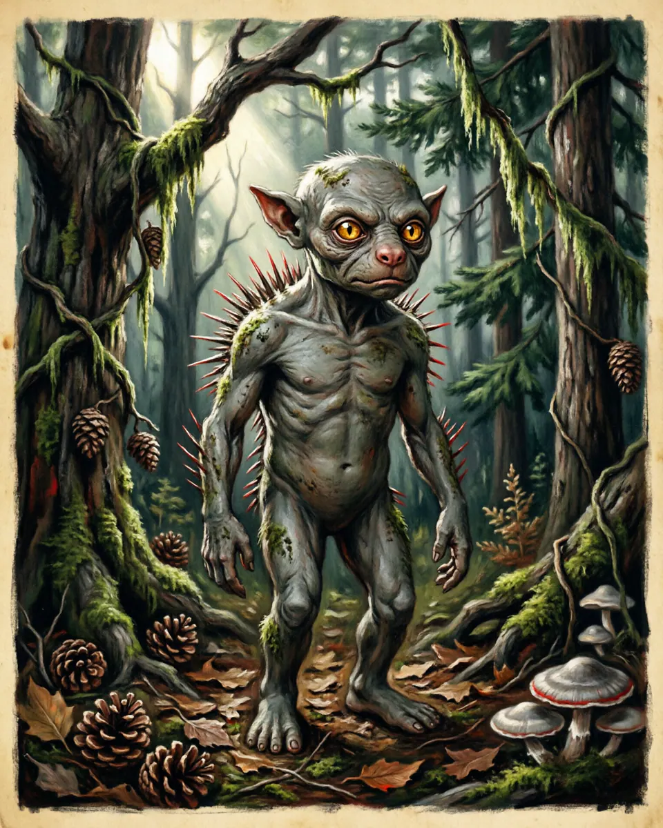 Illustration of Pukwudgie, a fae & little folk figure from Northeastern Woodlands, United States, showing A small gray humanoid with bright eyes, porcupine-like hints in some accounts, and an unnerving forest stillness.