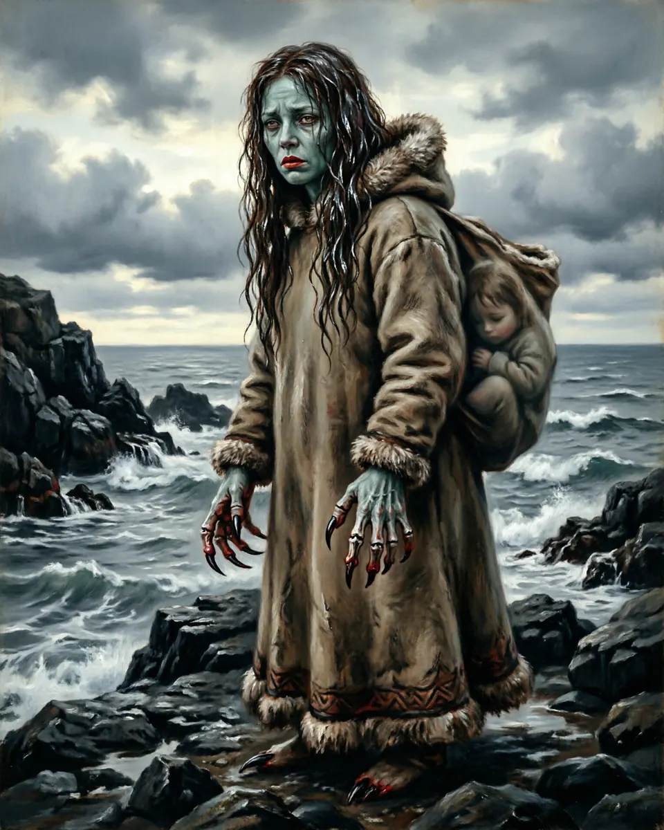 Illustration of Qalupalik, a lake & sea monsters figure from Arctic Shorelines, Canada / Greenland, showing A greenish sea-woman with long hair, clawed hands, and an amauti pouch for carrying stolen children beneath the water.