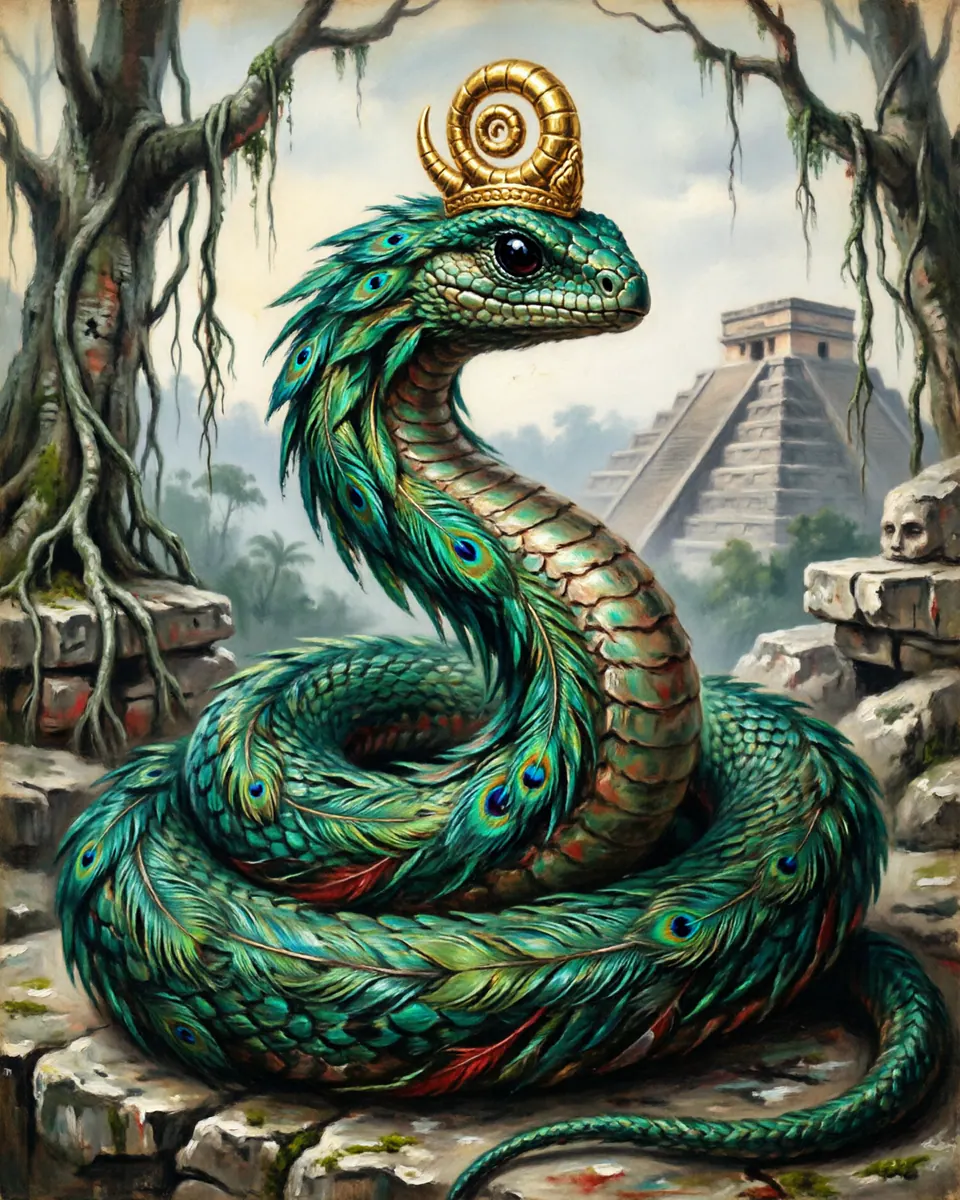 Illustration of Quetzalcoatl (Feathered Serpent), a dragons & sea serpents figure from Yucatán Peninsula, Mexico, showing A massive coiled serpent carpeted in brilliant, iridescent emerald-green quetzal feathers, with a crown of golden horns and deep obsidian eyes.