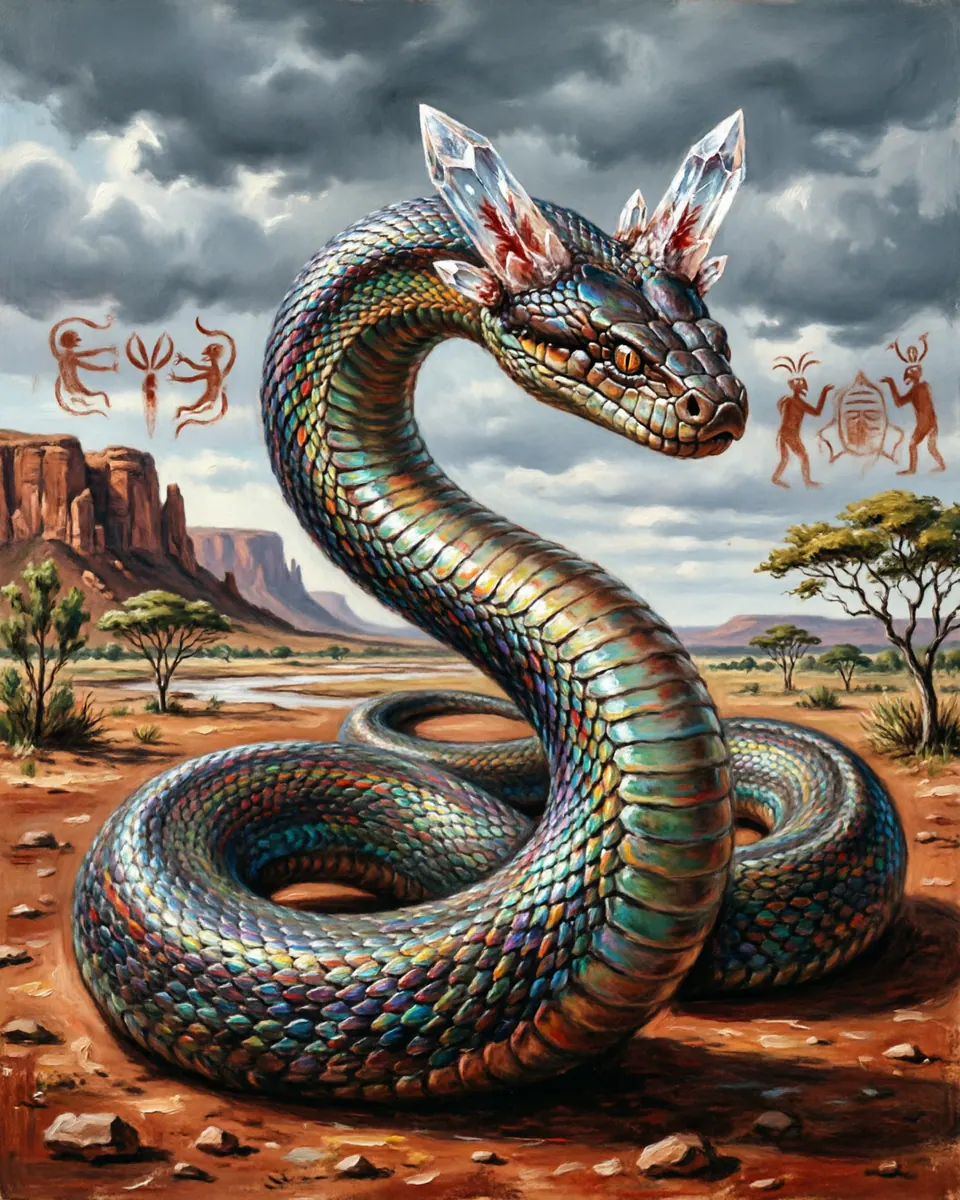 Illustration of Rainbow Serpent (Yurlungur), a dragons & sea serpents figure from Arnhem Land, NT, Australia, showing A gargantuan mountain-sized python whose scales shimmer with all colors of the rainbow, with horns made of clear quartz crystal.