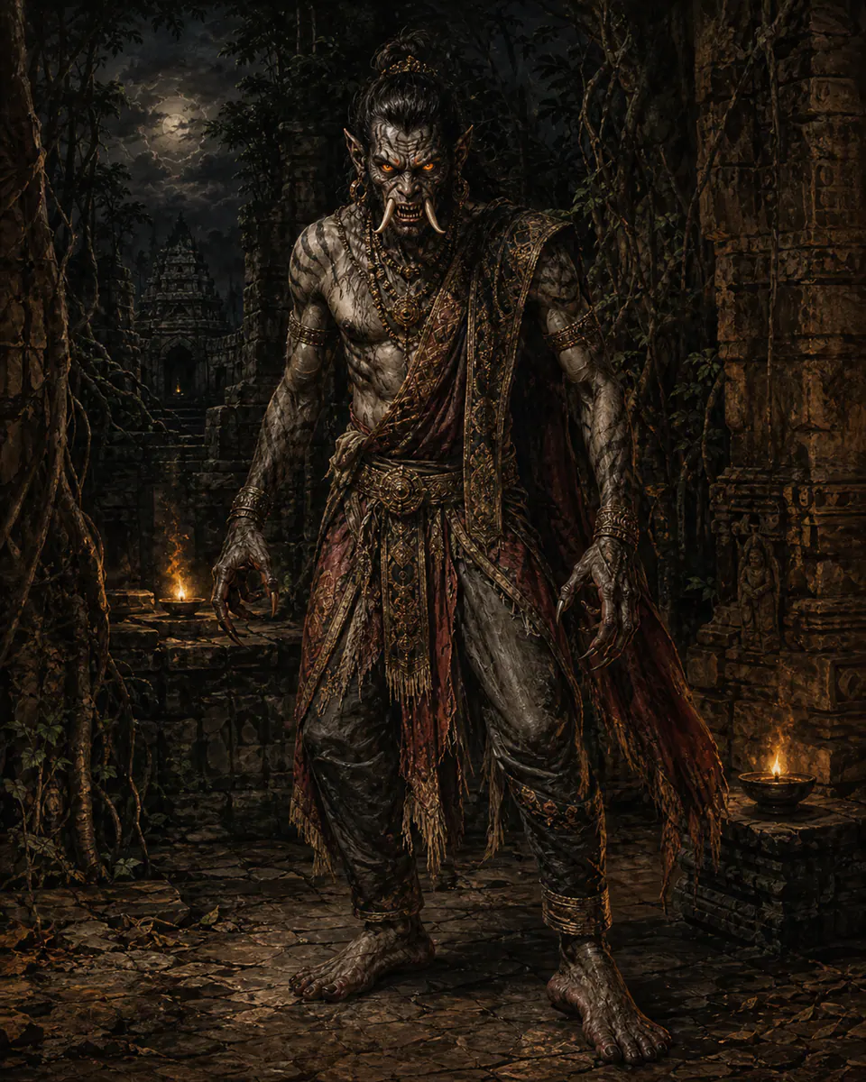 Illustration of Rakshasa, a shapeshifters & lycanthropes figure from India Epic Forests, India, showing A tusked humanoid or beautiful stranger whose true shape may show claws, blazing eyes, and backward moral gravity.